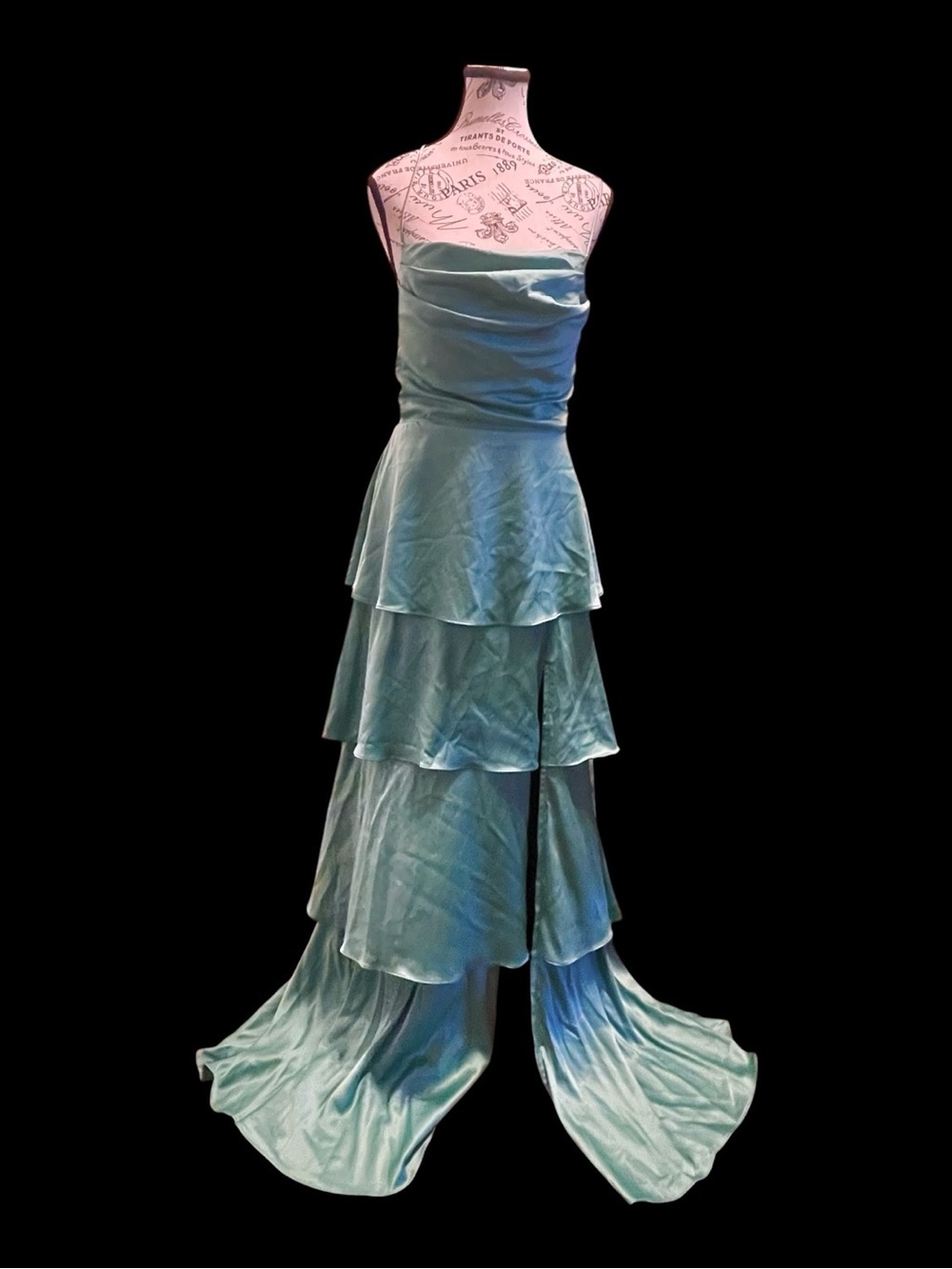 City Studio NWT Dusty Sage Satin Tiered High Slit Maxi Prom Dress Raffle 15/16
